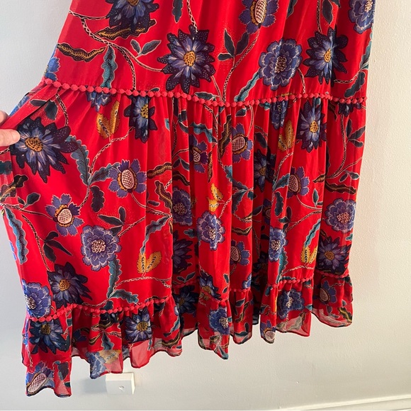 Rebecca Minkoff Midi Dress Red Floral Tiered Chiffon Ruffles Size 2 - Picture 4 of 11